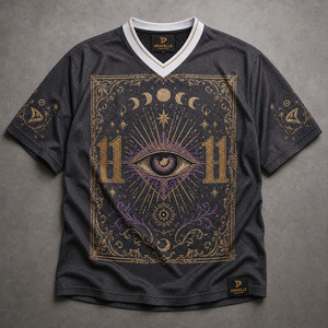 เสื้อเจอร์ซีย์ลายกราฟิกไซเคเดลิกโลโก้แบบกำหนดเอง สไตล์เรโทรโอเวอร์ไซส์ Y2K ผ้าตาข่ายปักลาย Third Eye เสื้อผ้ากีฬาสำหรับผู้ชายจากโรงงาน - Product Image 2