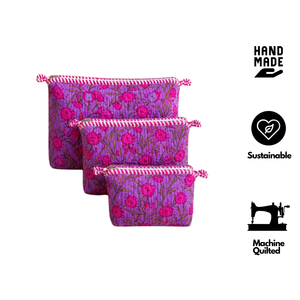 Bohemian Purple Pink Floral Cosmetic Bags Set Zip Closure Multi Function Cotton Fabric <b>Storage</b> Pouches Durable Soft Eco Friendly - Product Image 2