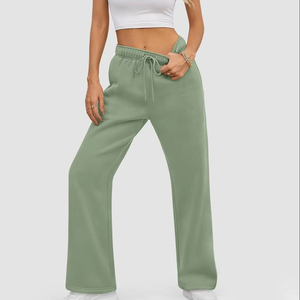Pantalon en molleton à taille haute et jambes larges pour femme, couleur unie, fermeture à cordon, coupe ample, longueur intégrale, décontracté, pour l'automne, vert, unisexe - Product Image 1