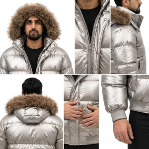 Men's <b>Silver</b> Hooded Puffer <b>Jacket</b> Fur Trim Windproof Breathable Cotton Filled Streetwear Winter Wear Zipper Closure Regular Fit - Product Image 6