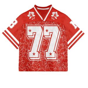 Maillot de football américain rouge personnalisé pour homme, col en V, maille, impression sublimée, motif floral, 100% polyester, manches courtes, adulte - Product Image 1