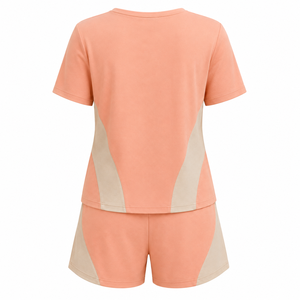 Custom Logo Womens <b>Coral</b> Two Piece Summer Lounge Set Crew Neck <b>Top</b> Shorts Breathable Casual Sportswear WS-0500 - Product Image 3