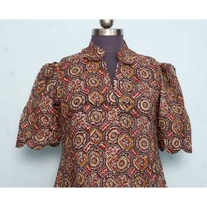 Indian Cotton Floral Block Print <b>Dress</b> Button Down <b>Dress</b> Women's Dressing Gown Casual <b>Dress</b> Print Women short Sleeve Long Length - Product Image 2