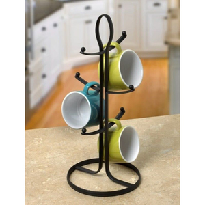 Rustic Metal Mug Holder Stand With Curved Hooks Double Tier Kitchen <b>Storage</b> Rack For Mugs Countertop Display On Sale - Product Image 2
