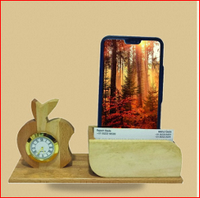 Houten appelklok met telefoonstandaard en kaarthouder, handgemaakt bamboe kantoor cadeau, creatief ontwerp