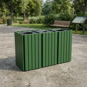 Poubelles de recyclage vertes à trois compartiments pour la séparation des canettes en plastique et des déchets, pour bureaux, écoles, centres commerciaux, parcs et espaces publics - Product Image 3
