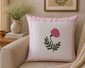 Traditional Hand <b>Block</b> Print Cushion Cover White Cotton Pink Flower Pillow Cover for Couch Bedroom and Sofa - Product Image 3