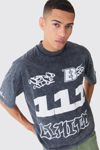 Camiseta Oversize para Hombre con Cuello Extendido y Estampado Puff, Lavada, Transpirable, de Secado Rápido, Estilo Streetwear, con Efecto Ácido - Product Image 2