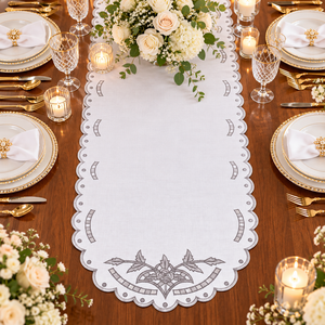 Classic Silver Grey Embroidered Scalloped <b>Table</b> <b>Runner</b> Vintage Floral Cutwork Washable Cotton Decor for Weddings & <b>Dining</b> - Product Image 1