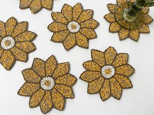 Sunflower Beaded Coaster Set Handmade Floral Drink Coaster Golden Flower <b>Cup</b> <b>Mat</b> Beaded Sunflower Table Decor Elegant Flower Mug - Product Image 4