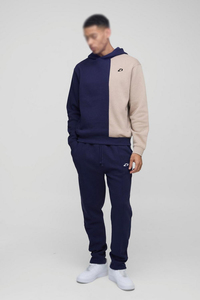 Survêtement Homme Color Block Personnalisé 100% Coton Molleton Uni Bleu Marine Beige Deux Pièces : Sweat à Capuche et Pantalon de Jogging Coupe Droite Épais - Product Image 4
