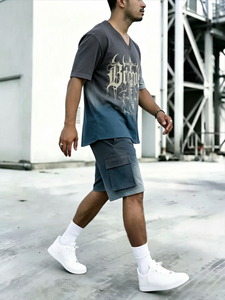 Men's 2 Piece Gradient <b>Gothic</b> Print V Neck T-<b>Shirt</b> & Cargo Shorts Streetwear Casual Tracksuit - Product Image 2
