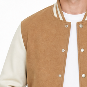 Veste varsity marron pour homme de haute qualité avec manches crème et poignets rayés, tenue décontractée - Product Image 3