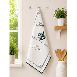 Essuie-tout de cuisine en coton imprimé Paris |   Essuie-mains de cuisine vintage français à motif Fleur-de-Lys |   Serviette de cuisine décorative verte et blanche - Product Image 1