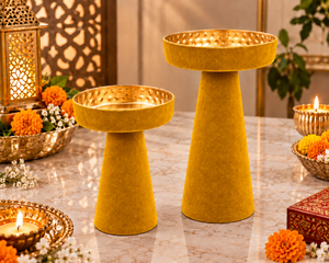 Yellow <b>Iron</b> Pillar Candle Holder Set of 2 <b>6</b> Inch 8 Inches Handmade Eco-Friendly Home Decoration for Christmas Special Occasions - Product Image 3