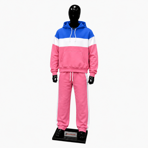 Conjunto de Sudadera con Capucha y Pantalones Deportivos para Hombre, Diseño Color Block en Rosa, Azul y Blanco, Estilo Casual, Deportivo, en Oferta - Product Image 1