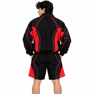 Veste coupe-vent et short de luxe en nylon noir et rouge avec strass, style sportif d'été, veste de survêtement personnalisée USA - Product Image 3