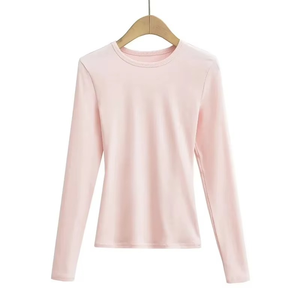 Women's <b>Pink</b> Long Sleeve Crew Neck Knitted Casual T-Shirt Slim Fit Solid Color Breathable All Seasons - Product Image 1