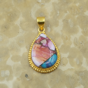 Pendentif en argent 925 fait main, perles et filigrane, incrustation de pierres précieuses en forme de poire, motifs rose, bleu, huître, cuivre, turquoise, cadeau bijou, style bohème chic - Product Image 5