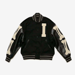 Blouson universitaire pour homme, crème et noir, manches en cuir PU, imprimé squelette, lettre I sur le devant, col rabattable, fermeture boutonnée, style automne - Product Image 3