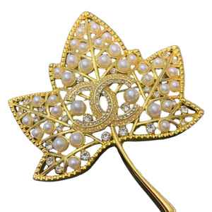 Broche de luxe en feuille d'or avec perles et strass, élégante, pour revers, bijou de mode formel - Product Image 4