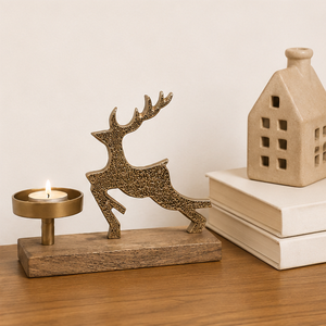 Premium Gold Reindeer Tealight Candle Holder With Natural Mango Wood Base Antique Metal Stag Table Centerpiece For Christmas - Product Image 5