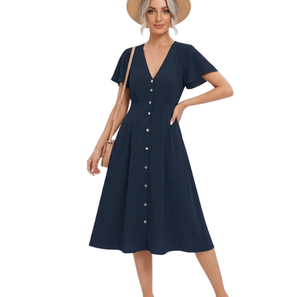 Robe midi pour femme à col en V, coupe trapèze, manches courtes, boutonnée sur le devant, couleur unie, décontractée, en polyester tissé, pour l'été/le printemps - Product Image 1