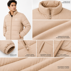 Blousons matelassés beiges pour hommes – Vente en gros – Hiver – Manches longues – Col montant – Fermeture éclair – Polyester – Fournisseur OEM ODM - Product Image 5