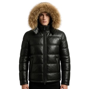 Veste en cuir véritable pour homme, style bomber, avec capuche et col en fourrure, épaisse, décontractée, fermeture éclair, coupe classique, pour l'hiver - Product Image 1