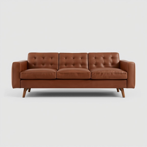 Sofá Moderno de Cuero Color Coñac Estilo Mediados de Siglo con Patas de Madera Maciza, Cómodo Sofá de 3 Plazas para Sala de Estar - Product Image 1