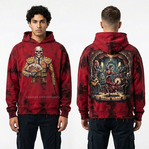 Sudadera con Capucha para Hombre, Color Borgoña, con Estampado de Esqueleto de Matador Flamenco, Lavado Ácido Rojo, Gráfico Personalizado, Estilo Tie-Dye, de Gran Gramaje - Product Image 1