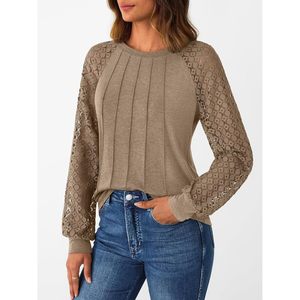 Automet 2025 femmes à manches longues dentelle Blouse col rond habillé décontracté travail hauts confortable automne tenues vêtements de mode - Product Image 5