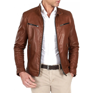 Chaqueta de Moto Casual para Hombre, de Cuero Genuino Marrón, con Cuello Alto, Cierre de Cremallera, Corte Ajustado, Manga Regular, Color Sólido, para Invierno - Product Image 1