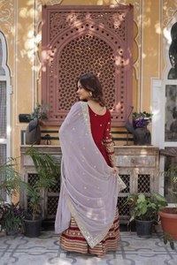 Elegant Blooming Silk <b>Flared</b> Gown Zari <b>Sequin</b> Design Fancy Trim Veil Round Neck Stitched Women Traditional Attire Set - Product Image 6