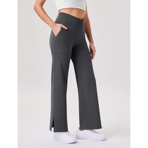 2025 pantalones de Yoga cruzados de cintura alta de pierna ancha XXL para mujer, pantalones de salón informales de trabajo de Spandex/nailon con bolsillos - Product Image 2