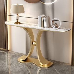 Table console moderne en métal doré en forme de X, avec plateau en marbre blanc, disponible à prix de gros. - Product Image 1