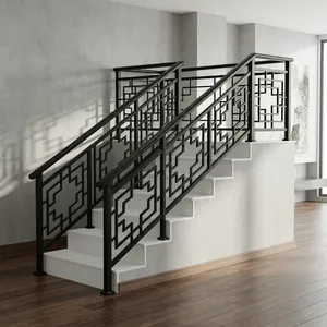 Rampe d'escalier moderne en métal noir, panneaux à motif géométrique carré, résistants à l'eau, durables, pour la sécurité des escaliers intérieurs - Product Image 4