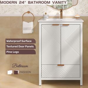 Mobile bagno moderno da 24 pollici con lavabo integrato, foro singolo per rubinetto, ante testurizzate e cassetto - Product Image 5