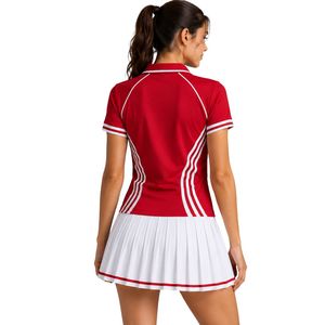 ชุดเสื้อโปโลเทนนิสกอล์ฟสีแดงขาวสำหรับผู้หญิง กระโปรงจีบ ชุดกีฬาออกกำลังกายแบบกำหนดเอง ระบายอากาศได้ดี แห้งเร็ว ชุดกีฬาประสิทธิภาพสูง - Product Image 2