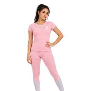 Women’s <b>Pink</b> Short Sleeve Workout T Shirt and Color Block <b>Leggings</b> Activewear Set for <b>Gym</b> Yoga Fitness - Product Image 4