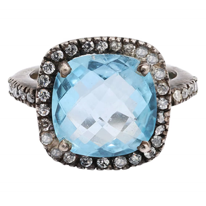 Wholesale Black Rhodium Plated 925 Solid Sterling Silver Natural Cushion Blue Topaz <b>CZ</b> Halo <b>Ring</b> Memoria Jewels - Product Image 6
