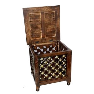 Mesa Auxiliar de Madera Hecha a Mano con Diseño de Rejilla, Patrón Floral Decorativo, Taburete de Madera con Espacio de Almacenamiento - Product Image 3