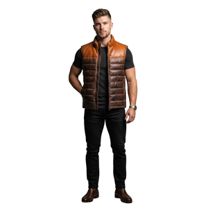 Chaleco de Cuero Genuino para Hombre, Acolchado, Marrón, Sin Mangas, Chaqueta de Plumón, Chaleco Abrigado para Invierno - Product Image 6