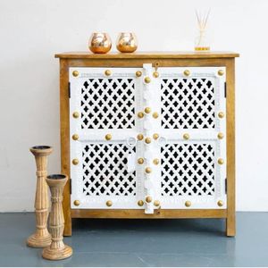 Indian <b>Rustic</b> Shaker Wood Living Room <b>Cabinet</b> with Metal Mesh Storage Sideboard for Home Bar - Product Image 3