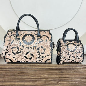 Premium Handcrafted <b>Tooled</b> Cow <b>Leather</b> Floral Design Duffel Bags Zipper Closure Mini Speedy Bag Crossbody Unisex Handbags - Product Image 5