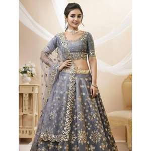 Merveilleux Grey Art Silk Reception Wear Lehenga Choli avec miroir pour demoiselles d'honneur et invités Accessoires de marié - Product Image 5