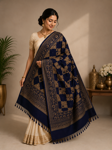 Hand Embroidered Long Ajrak Scarf Viscose <b>Shawl</b> <b>Navy</b> <b>Blue</b> Floral Leaf Border Tassel Wrap Breathable Lightweight for Daily Wear - Product Image 1