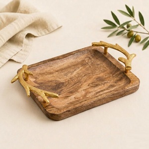 Handcrafted Rustic Mango Wood Serving Tray With Golden <b>Twig</b> Metal Handles Premium Rectangular <b>Decorative</b> Wood Platter On Sale - Product Image 1