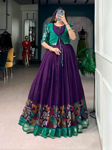 Robe longue artisanale Kalamkari Chanderi avec veste ouverte assortie et bordure Zari, style ethnique évasé pour femme (BMU 5014) DC - Product Image 4
