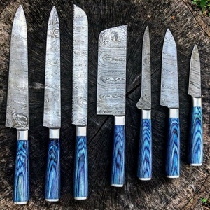 7 PCS Handmade Damascus Steel Blade Kitchen <b>Knife</b> <b>Set</b> with Blue Wood Handles Professional Chef <b>Knife</b> Collection - Product Image 4